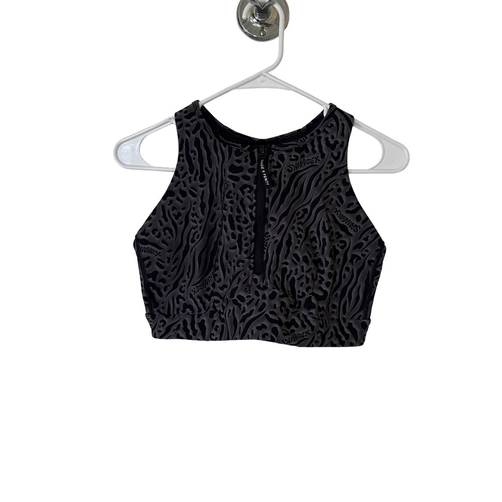 SAVAGE X FENTY Athletic Luxe Half Zip Animal Print Sports Bra Black Gray Large